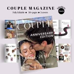 Op de afbeelding: Een digitaal tijdschrift-sjabloon getiteld Couple Magazine Anniversary Edition met een cover van een koppel, binnenpagina's met een wegenkaart-afbeelding, een What she likes-sectie met diverse afbeeldingen en een collage-pagina, bewerkbaar in Canva.