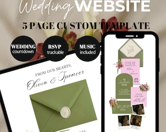 Plantilla de invitación de boda rosa y verde editable, RSVP personalizado, temporizador de cuenta regresiva personalizado, Canva, detalles de la ceremonia, historia de amor