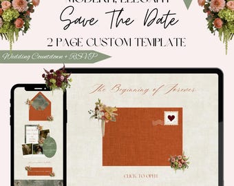Plantilla web de anuncio de boda "Reserva la fecha" en naranja y verde. Invitación RSVP personalizada editable. Cuenta regresiva personalizada. Detalles de los invitados en Canva.