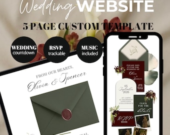 Plantilla de sitio web de boda con flores verdes y burdeos y RSVP: Diseño editable en Canva (descarga digital)