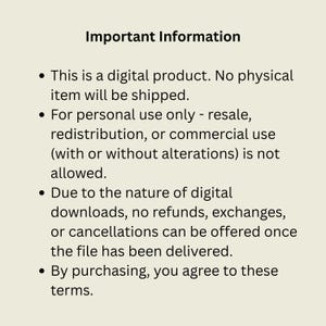 Puede incluir: Un gr&aacute;fico color crema con el t&iacute;tulo "Informaci&oacute;n importante" y vi&ntilde;etas que detallan los t&eacute;rminos de un producto digital. El texto indica que no se enviar&aacute; ning&uacute;n art&iacute;culo f&iacute;sico y que no se permite la reventa.