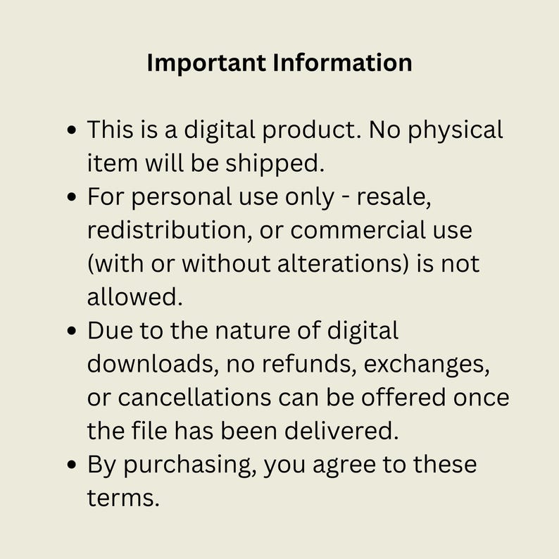 Puede incluir: Un gr&aacute;fico color crema con el t&iacute;tulo "Informaci&oacute;n importante" y vi&ntilde;etas que detallan los t&eacute;rminos de un producto digital. El texto indica que no se enviar&aacute; ning&uacute;n art&iacute;culo f&iacute;sico y que no se permite la reventa.