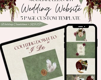 Plantilla editable para sitio web de bodas, confirmación de asistencia personalizada, cuenta regresiva personalizada, dominio de Canva, detalles de la ceremonia, historia de amor, invitación a invitados, itinerario.
