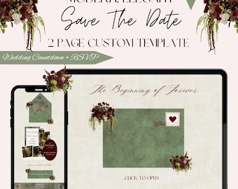 Plantilla web para anuncio de boda "Reserva la fecha" editable, invitación RSVP personalizada, cuenta regresiva personalizada, detalles de los invitados en Canva.
