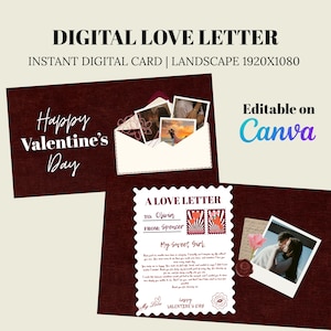 May include: A digital Valentine's Day card template featuring a dark red textured background, an envelope with photo inserts, and a love letter with scalloped edges. The text includes "Happy Valentine's Day," "A LOVE LETTER," and "Editable on Canva."
