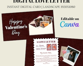 Carta de amor digital: plantilla editable de Canva / Tarjeta de felicitación digital en video / Regalo romántico a distancia