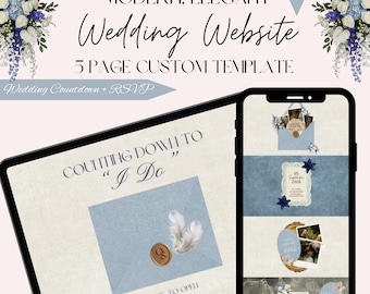 Plantilla de sitio web de boda azul y blanco editable, confirmación de asistencia personalizada, cuenta regresiva personalizada, dominio de Canva, detalles de la ceremonia, historia de amor, itinerario de invitados.