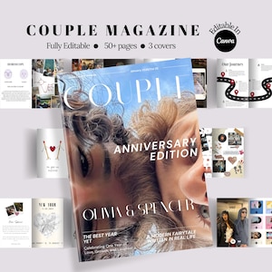 Op de afbeelding: Een digitaal sjabloon voor een Couple Magazine jubileumeditie, volledig bewerkbaar in Canva. De lay-out bevat 50+ pagina's en 3 covers, inclusief een hoofdomslag met een foto van twee personen en de tekst Couple Anniversary Edition en Olivia & Spencer.