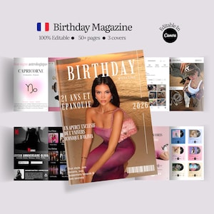 May include: A digital magazine template titled Birthday Magazine 2026 featuring a cover with a person in a purple dress and pink handbag against a sunset background, alongside multiple interior page layouts including social media and movie themes.