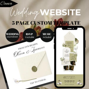 May include: A digital wedding website template for Canva featuring a 5-page custom layout. The display shows an envelope with a wax seal, a wedding countdown, trackable RSVP, and music integration with text reading Olivia & Spencer.