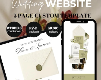 Plantilla de invitación de boda Sage editable personalizada RSVP Temporizador de cuenta regresiva personalizado Canva Detalles de la ceremonia Historia de amor Itinerario de invitados