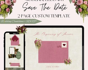 Plantilla web de anuncio de boda "Reserva la fecha" en rosa y verde. Invitación RSVP personalizada editable. Cuenta regresiva personalizada. Detalles de los invitados en Canva.