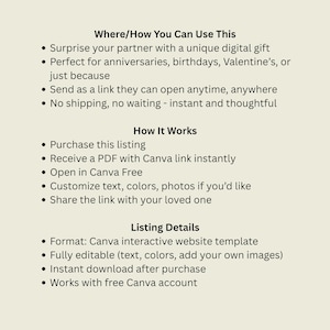 Puede incluir: Gr&aacute;fico color crema con vi&ntilde;etas que detallan c&oacute;mo usar y personalizar un regalo digital. El texto incluye frases como &laquo;Sorprende a tu pareja&raquo; y &laquo;Personaliza texto, colores, fotos&raquo;. El formato es una plantilla de sitio web interactiva de Canva.