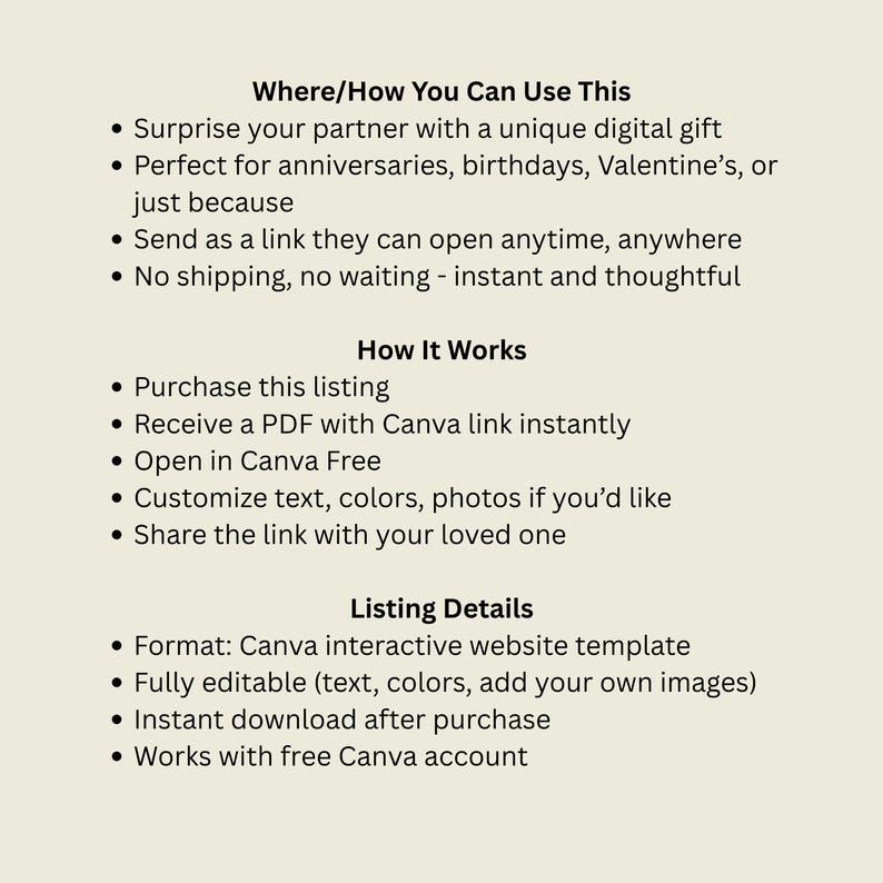 Puede incluir: Gr&aacute;fico color crema con vi&ntilde;etas que detallan c&oacute;mo usar y personalizar un regalo digital. El texto incluye frases como &laquo;Sorprende a tu pareja&raquo; y &laquo;Personaliza texto, colores, fotos&raquo;. El formato es una plantilla de sitio web interactiva de Canva.