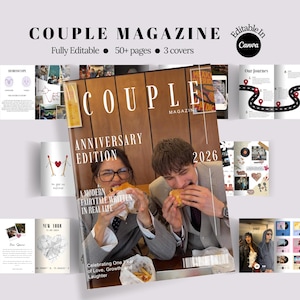 Könnte beinhalten: Eine digitale Vorlage für ein Paar-Magazin zur Jubiläumsausgabe, vollständig bearbeitbar in Canva. Das Cover zeigt ein Foto von zwei Personen, die Sandwiches essen, mit Text wie Couple Magazine, Anniversary Edition und 2026. Enthält über 50 Seiten.