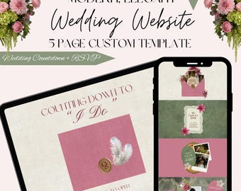 Plantilla de sitio web de boda rosa y verde editable, confirmación de asistencia personalizada, cuenta regresiva personalizada, dominio de Canva, detalles de la ceremonia, historia de amor, itinerario de invitados.