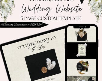 Plantilla de sitio web de boda en blanco y negro editable, confirmación de asistencia personalizada, cuenta regresiva personalizada, dominio de Canva, detalles de la ceremonia, historia de amor, itinerario de invitados.