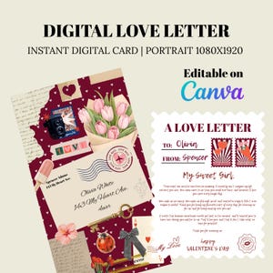 May include: Digital love letter design with a burgundy background, featuring a bouquet of pink tulips, a vintage camera, and a key. The design includes the text "A Love Letter" and is editable on Canva.