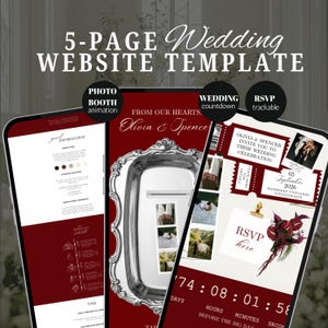 Burgundy Photo Booth Wedding Website Template with Countdown Timer RSVP Form, Custom Old Money Canva Digital Invitation