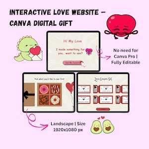 Puede incluir: Un concepto de regalo digital con el texto "INTERACTIVE LOVE WEBSITE - CANVA DIGITAL GIFT". El diseño incluye corazones de dibujos animados, aguacates y un dinosaurio. También se ve el texto "Hi My Love" y "Love Coupon Set".