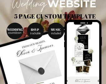Plantilla de sitio web de boda en blanco y negro con seguimiento de RSVP, música, cuenta regresiva personalizada, dominio de Canva, detalles de la ceremonia, historia de amor, invitados.