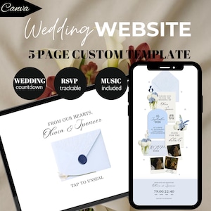 Plantilla de invitación de boda azul editable, confirmación de asistencia personalizada con música, temporizador de cuenta regresiva personalizado, detalles de la ceremonia en Canva, historia de amor