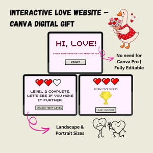 Puede incluir: Un regalo digital para un sitio web interactivo de amor, con corazones pixelados y texto. El diseño incluye un ganso sosteniendo flores, las palabras "HI, LOVE!" y "LEVEL 2 COMPLETE." El texto también dice "No need for Canva Pro | Fully Editable."