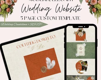 Plantilla de sitio web de boda naranja y verde editable, confirmación de asistencia personalizada, cuenta regresiva personalizada, dominio de Canva, detalles de la ceremonia, historia de amor, itinerario de invitados.
