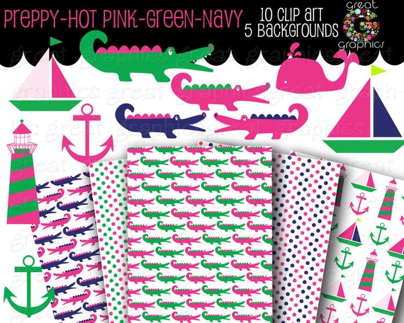 Preppy Digital Paper Preppy Pink and Green Clip Art Preppy Party Paper Alligator Whale Sailboat - Instant Download Il_570xn