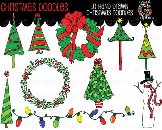 Christmas Doodle Clip Art, Christmas Tree Clip Art, Christmas Wreath Clip art, Holiday clipart, Invitation Clip Art Il_570xn