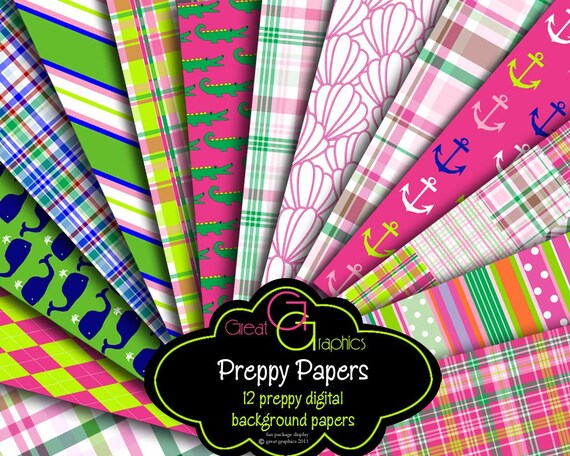 Preppy Paper Digital Paper Preppy Whale Madras Plaid Preppy Alligator Printable Paper Pink and Green Digital Download - Instant Download Il_570xn