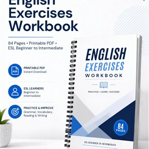 Puede incluir: Un libro de ejercicios de inglés con encuadernación en espiral y portada blanca con formas geométricas azules y grises. La portada muestra el texto English Exercises Workbook, Practice Learn Succeed y 84 Pages para nivel principiante.