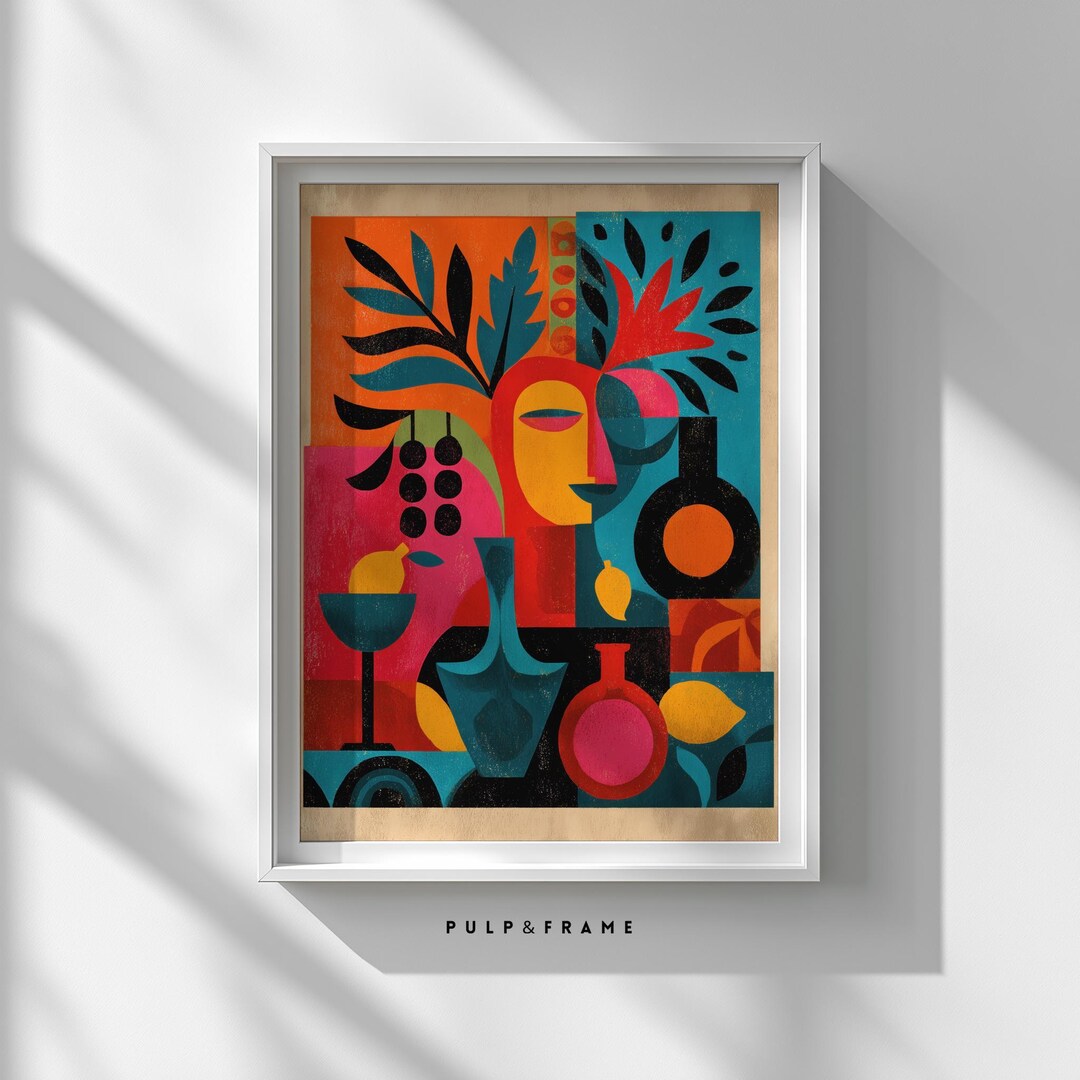 Curated Cubist Portrait Wall Art, Bold Red Teal Oil Painting Print ...