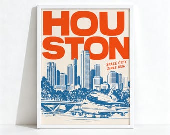 Houston Skyline Poster, Retro Space City Decor, Texas City Wall Art, Physical Print 1213