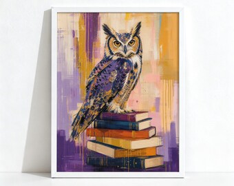 Tableau Hibou sur des livres, Décoration murale éclectique, Motif animal de lecture audacieux, Impression d'archives 1109
