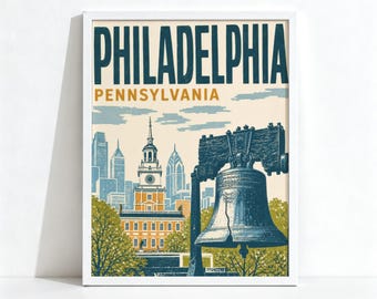 Philadelphia Pennsylvania Poster, Vintage Travel Wall Art, Liberty Bell City Decor, Physical Print 1072