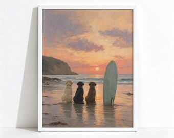 Tableau représentant trois chiens au coucher du soleil sur la plage, décoration côtière, art mural pour les amoureux des chiens et des surfeurs, impression d'archives physique 1140