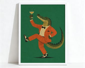Dapper Crocodile Cocktail Poster, Quirky Animal Wall Art, Eclectic Bar Cart Decor, Physical Print 1122
