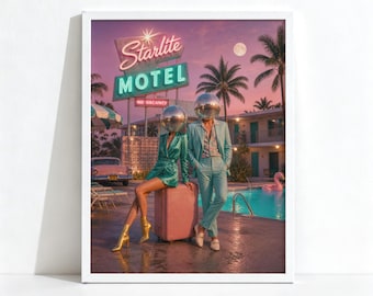 Affiche rétro de motel avec couple et boules disco, décoration maximaliste, art mural néon tendance Palm Springs, impression physique 1258