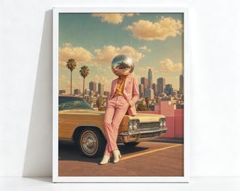 Disco Ball Head Poster, Retro 70s Maximalist Decor, Pink Suit Classic Car Wall Art, Physical Print 1081
