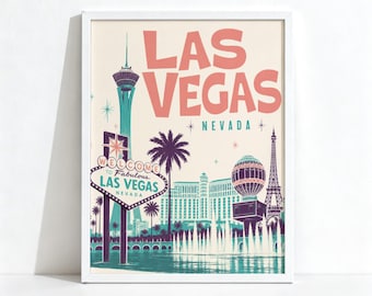 Affiche de Las Vegas, Nevada, Décoration de voyage rétro, Skyline du Strip aux tons pastel, Impression physique 1065