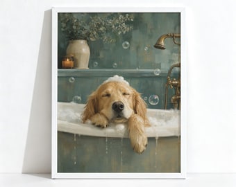Golden Retriever Bubble Bath Painting, Dopamine Decor Bathroom, Quirky Dog Wall Art, Physical Print 1211