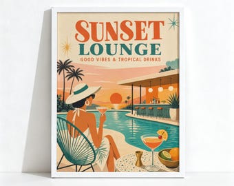 Sunset Lounge Cocktail Poster, Mid Century Retro Decor, Tropical Bar Cart Wall Art, Physical Print 1177