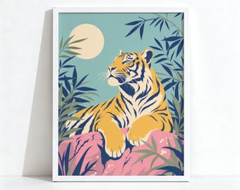 Tiger Painting Moonlit Jungle, Maximalist Decor Tropical Bamboo, Bold Colorful Animal Wall Art, Physical Print 945