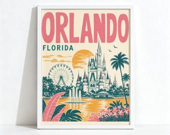 Orlando Florida Poster, Retro Travel City Decor, Castle Sunset Wall Art, Physical Print 1164