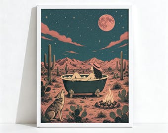 Desert Bathtub Woman Illustration, Boho Southwest Decor, Full Moon Cactus Wolf Wall Art, Bathroom Print 1008