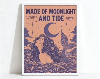 Mermaid Poster, Coquette Boho Decor, Moon and Stars Ocean Sea Wall Art, Physical Print 1075