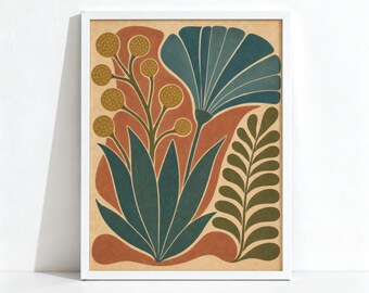 Botanical Illustration, Boho Terracotta Decor, Teal and Mustard Leaf Wall Art, Physical Archival Print 1282