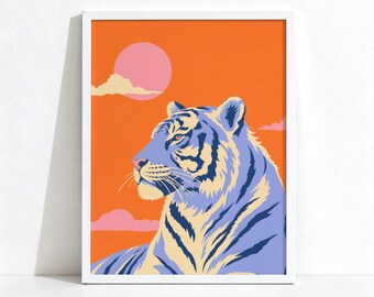Tiger Sunset Painting, Maximalist Decor, Bold Colorful Animal Wall Art, Physical Archival Print 1388