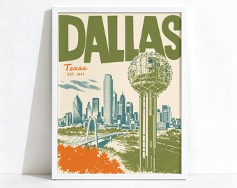 Affiche de la skyline de Dallas, Texas, décoration murale rétro voyage, Reunion Tower, impression physique 1135